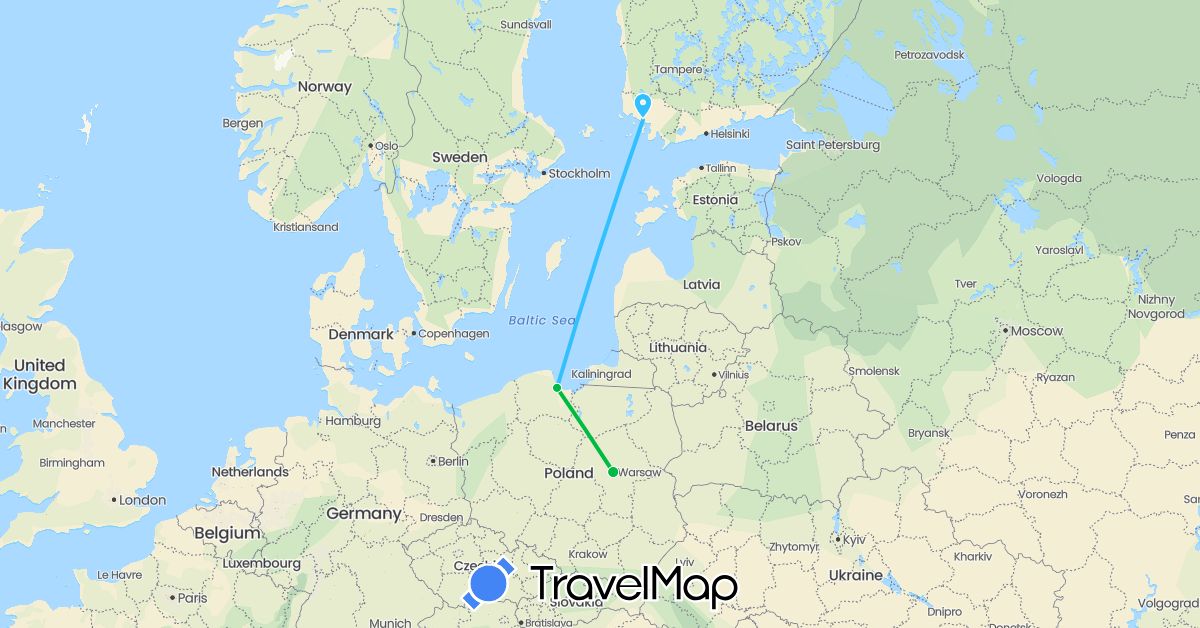 TravelMap itinerary: driving, bus, boat in Finland, Poland (Europe)